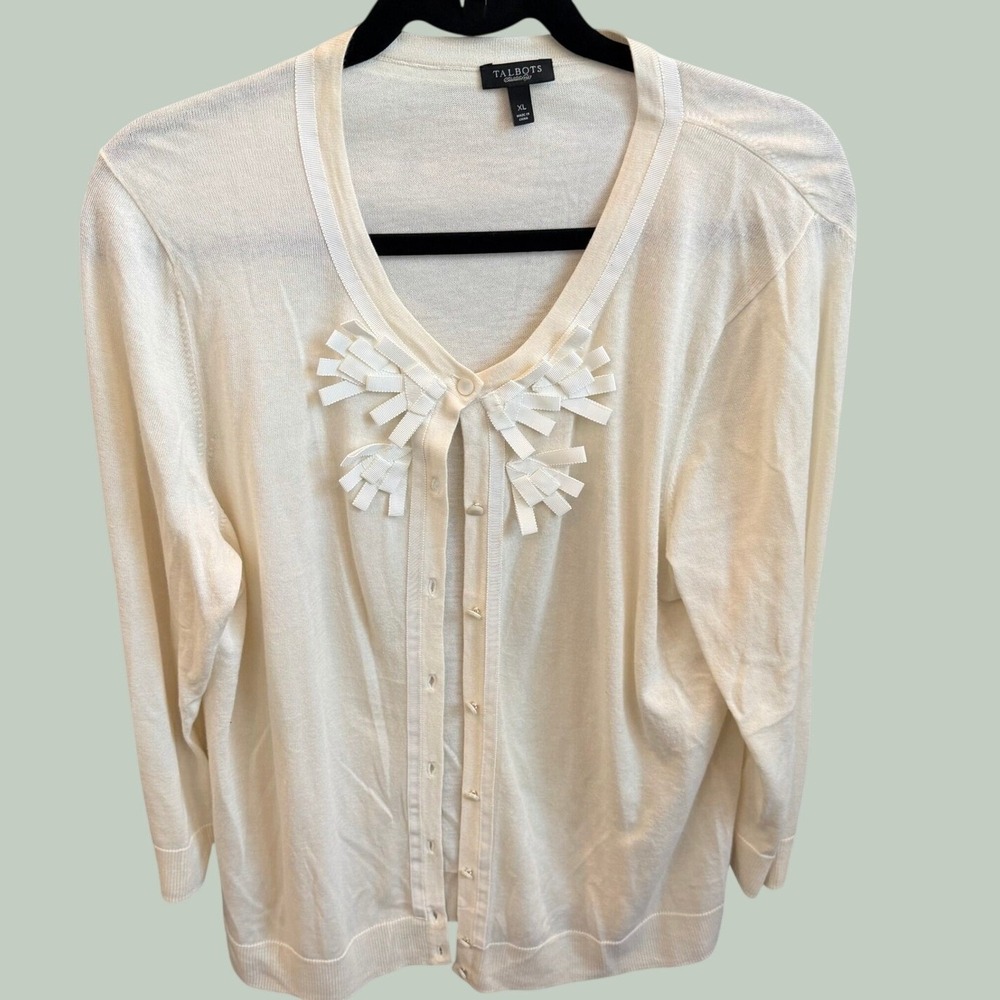 Talbots Cardigan Women Ivory Grosgrain Ribbon Bow V-Neck Classic XL